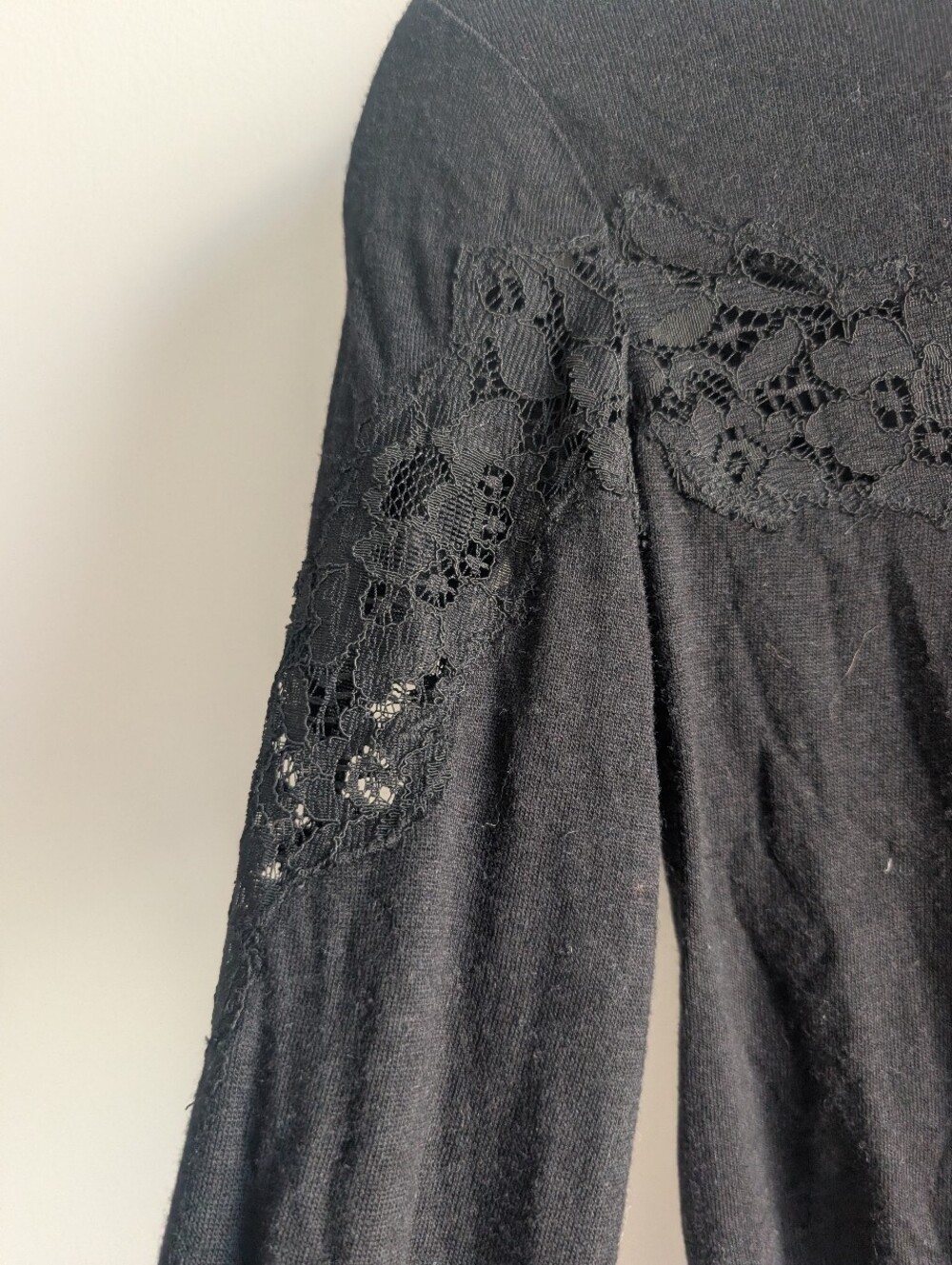 NWT Rebecca Taylor long-sleeve knit top sheer lace trim Black XS Wool Blend